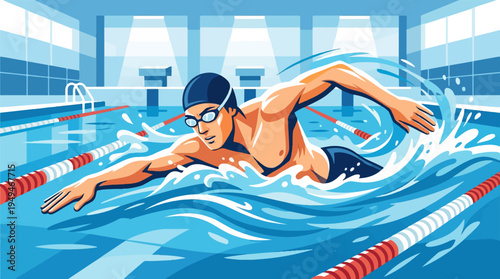 Male swimmer performing freestyle stroke in a competitive pool.
