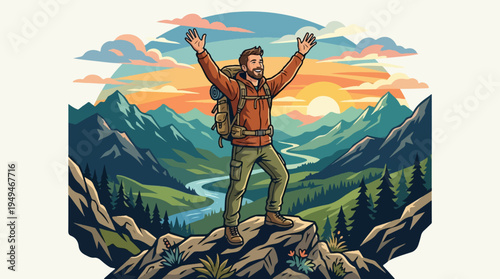 Adventurous Hiker Reaching Mountain Summit with Arms Raised in Triumph.