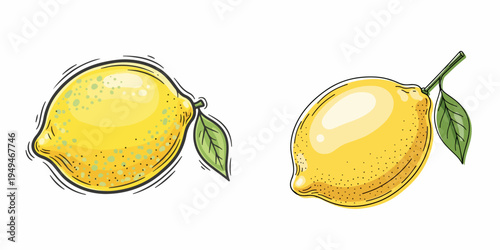 Two ripe yellow lemons with green leaves, isolated on a white background