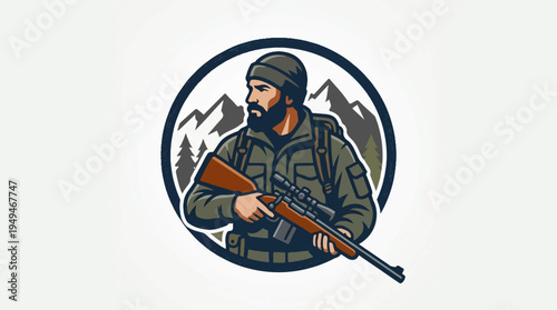 Rugged Hunter with Rifle and Mountain Backdrop.