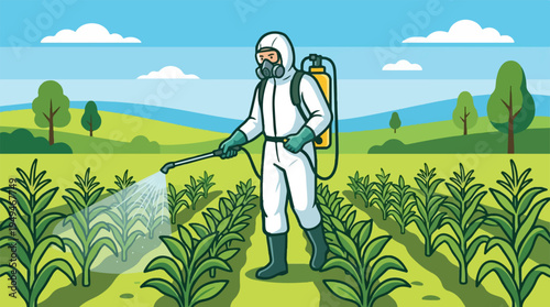 Person in protective suit spraying crops with pesticide.