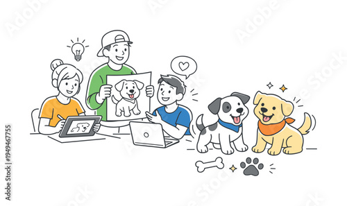 A lighthearted animal themed illustration moment where designers create friendly dog characters for lifestyle graphics and pet related storytelling visuals, visual metaphor of two
