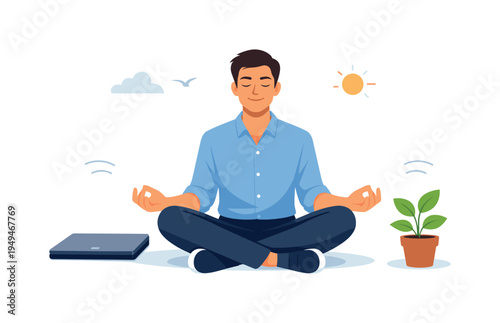 A professional maintaining a healthy balance between work responsibilities and personal wellbeing during the day, visual metaphor of a relaxed person sitting peacefully between a