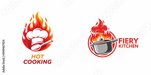 Dynamic logo designs showcasing hot kitchen concepts with fiery culinary elements and professional chef symbols