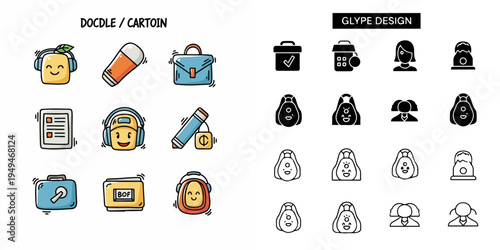Set of cartoon and outline icons for business and education themes