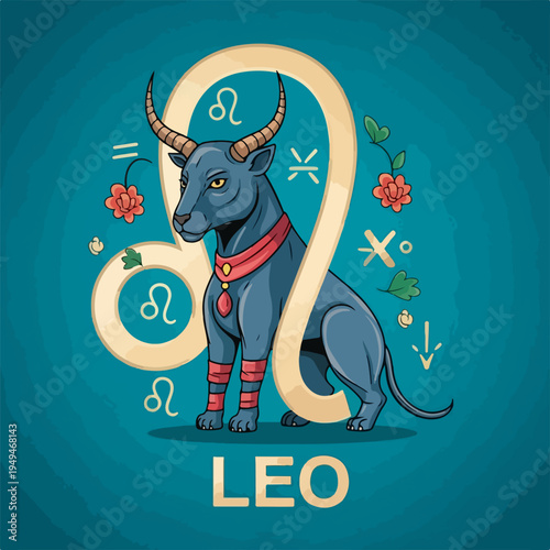 Leo Zodiac Sign Illustration with Astrological Symbols and Floral Accents
