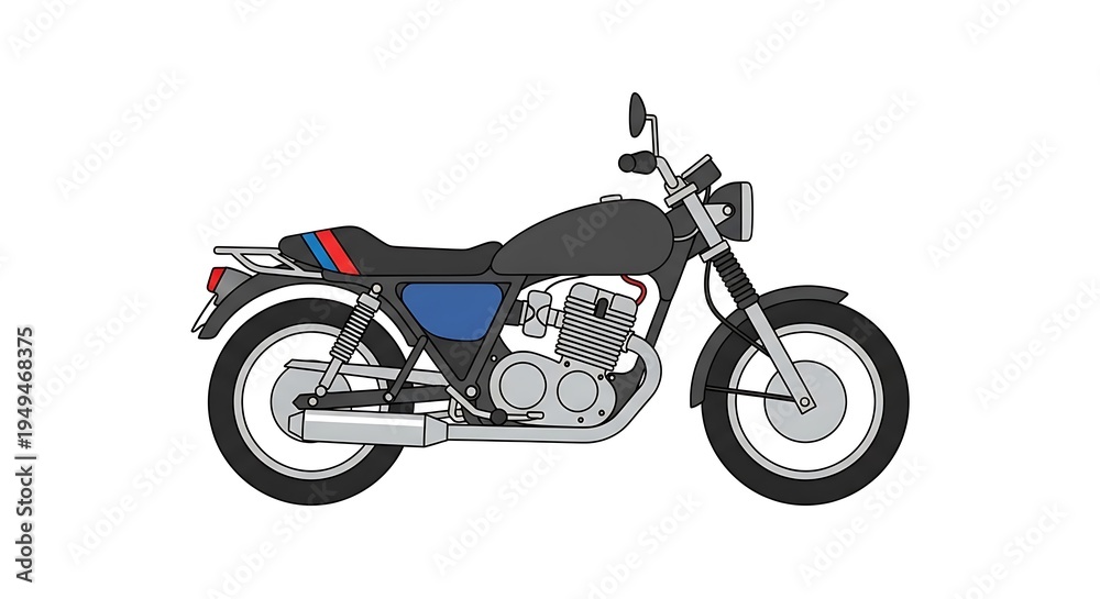 Obraz premium A sleek black motorcycle with blue and red accents is shown in a side view against a white background