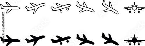 Airplane icons in various styles and flight positions vector illustration