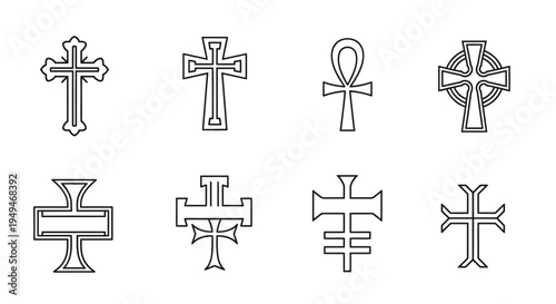 Collection of diverse religious and heraldic crosses in minimalist line art style