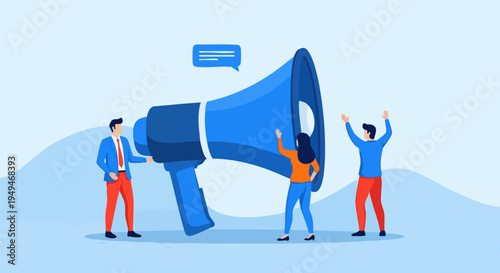 Marketing Announcement Concept Vector Illustration with Business People and Large Blue Megaphone for Promotion and Communication