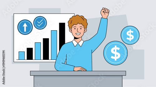 Businessman celebrating success illustration with growing graph and money vector illustration
