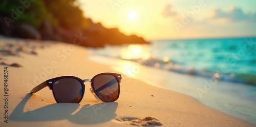 Relaxing beach scene with sunglasses left on the sand, sun reflecting on the water, tropical vibes Perfect for summer travel and vacation themes , travel, sunshine, horizon