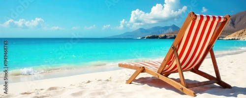 Relaxing striped deck chair on a sunny Canary Islands beach, overlooking turquoise ocean water  Perfect for vacation, travel, and summer themes , pattern, sky, sea