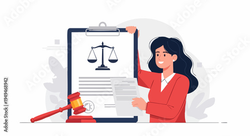 Female Lawyer Holding Legal Document with Scales of Justice and Gavel, Representing Law, Justice, and Legal Services Vector Illustration