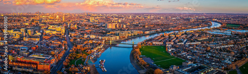 Aerial View of Thames at Hammersmith Bridge in West London at Sunset Glow