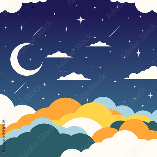 Moon, Asian clouds, stars, moonlit night sky background. Hand drawn vector illustration. Qixi