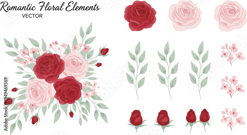 Romantic red and pink rose floral elements set with flower bouquet leaves and buds in flat vector style for wedding invitations.