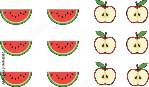 Set of fresh fruit slices featuring red watermelon wedges and apple halves in flat vector style for healthy food and education.