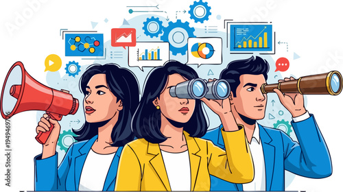 Business Team Looking for Opportunities Vector Illustration with Megaphone, Binoculars, Spyglass and Data Analysis Charts