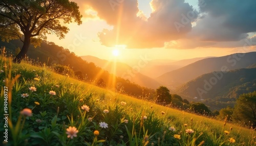 Serene landscape bathed in golden sunlight, conveying a sense of calm and spiritual energy Perfect for meditation, mindfulness, and wellness themes , sky, aura, ethereal
