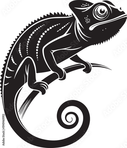 Chameleon on Branch Hand-drawn Sketch Drawing Vector Illustration, Line Linear Symbol Black and White Engraving, Isolated