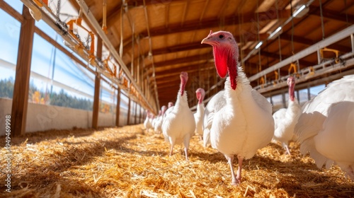 Large Turkeys Walking Inside Rearing Shed with Straw Flooring in Sunlight