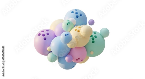 A cluster of pastel colored spheres with perforated surfaces arranged in a three dimensional form