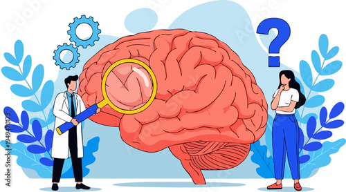 Brain Research and Mental Health Vector Illustration with Doctor Examining Human Brain, Woman Thinking, and Question Mark for Psychology Concepts