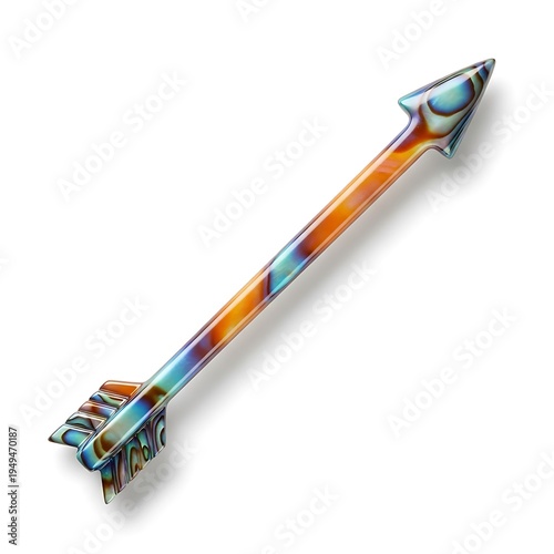 A decorative arrow crafted from polished abalone shell with vibrant iridescent color patterns
