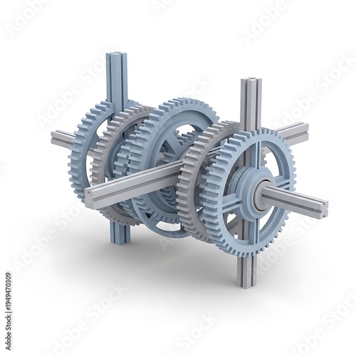 A detailed 3d render of a complex mechanical gear system featuring interlocking cogwheel components