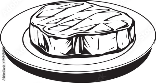 Meat steak on the plate Hand-drawn Sketch Drawing Vector Illustration, Line Linear Symbol Black and White Engraving, Isolated
