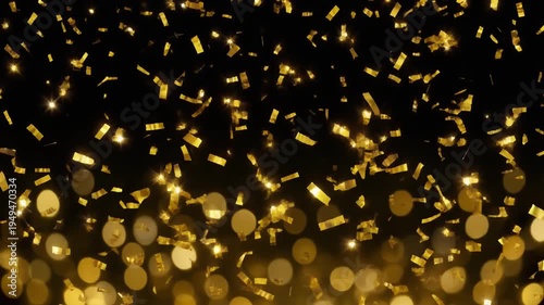 Falling shiny golden confetti. Bright festive tinsel of gold color. Bokeh lights on black background