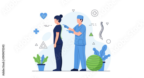 Chiropractor examining patient's spine, posture correction, medical checkup, healthcare concept