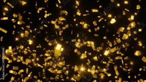 Falling shiny golden confetti. Bright festive tinsel of gold color. Bokeh lights on black background