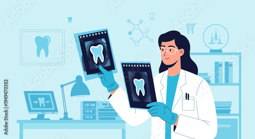 Dentist Examining Dental X-rays in Modern Clinic, Oral Health Care Concept