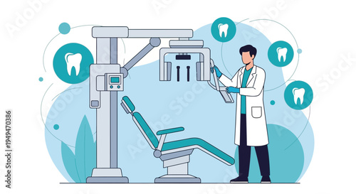 Dentist examining dental x-ray with modern equipment and tooth icons
