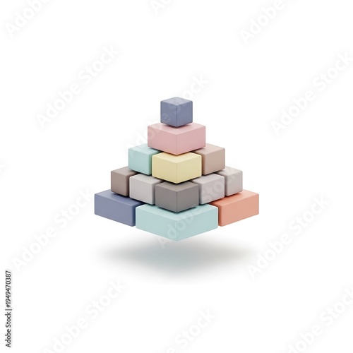 A minimalist 3d illustration showing a small pyramid made of colorful pastel cubes floating above