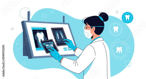 Dentist examining dental x-rays on a light box, dental care concept