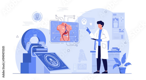Doctor analyzes MRI scan of human body on futuristic screen in medical lab