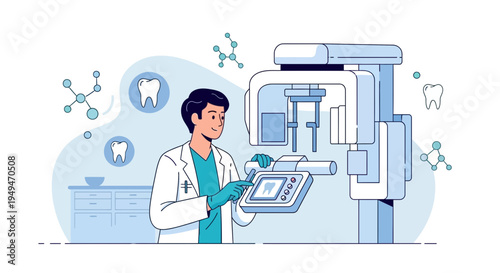 Dentist operating modern dental x-ray machine for patient diagnosis