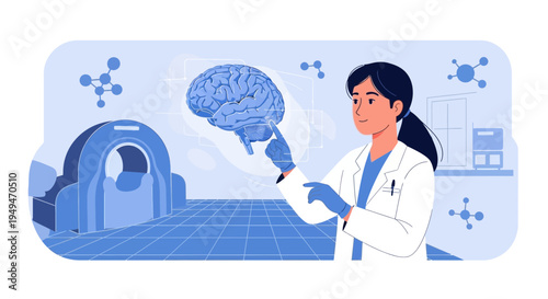 Doctor analyzing 3D brain model with MRI scanner and molecular structures in background