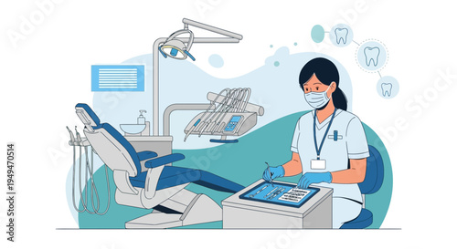 Dentist Working on Tablet in Modern Dental Clinic with Chair and Equipment