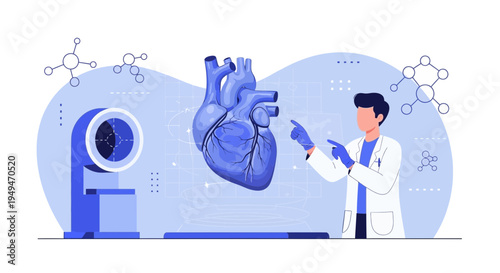 Doctor analyzing 3D heart model with advanced technology in laboratory
