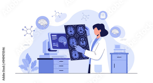 Doctor analyzing brain MRI scan in modern laboratory with futuristic technology and molecular structures