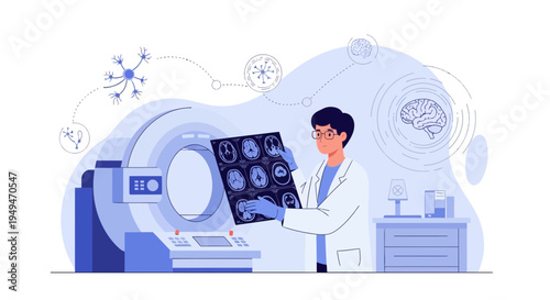 Doctor analyzing brain MRI scan next to MRI machine, illustrating neuroscience and medical research
