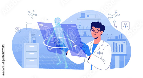 Doctor analyzing 3D human body scan with futuristic holographic interface in lab