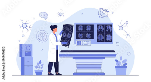 Doctor analyzing brain MRI scans on a digital display in a modern medical laboratory