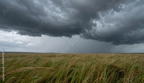 Dramatic storm clouds over a grassy field during rainfall.