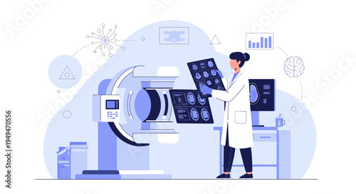 Doctor analyzing brain MRI scans next to advanced medical imaging equipment in a modern clinic