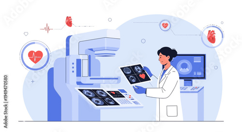 Doctor analyzing brain scans and heart images on medical equipment, modern healthcare technology